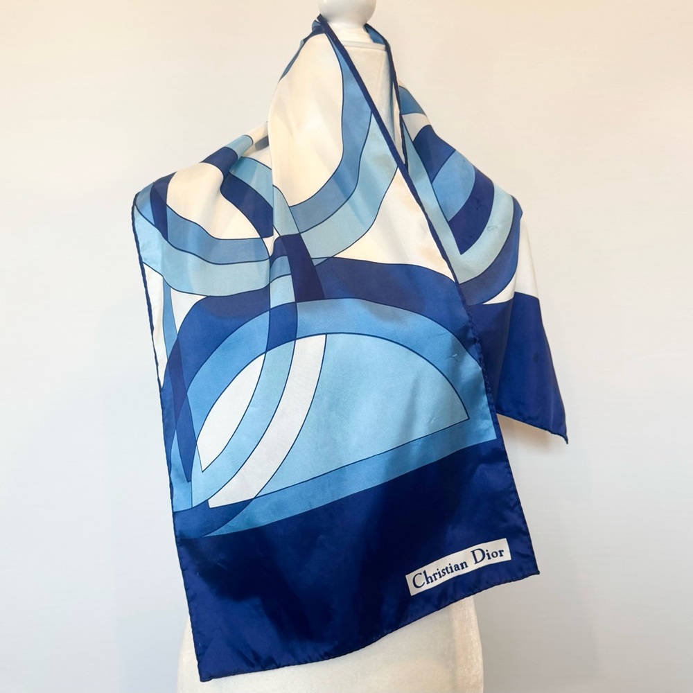 Christian Dior Vintage Silky Satin Blue Geometric Print Oblong Rectangle 44 x 14 - Picture 1 of 14